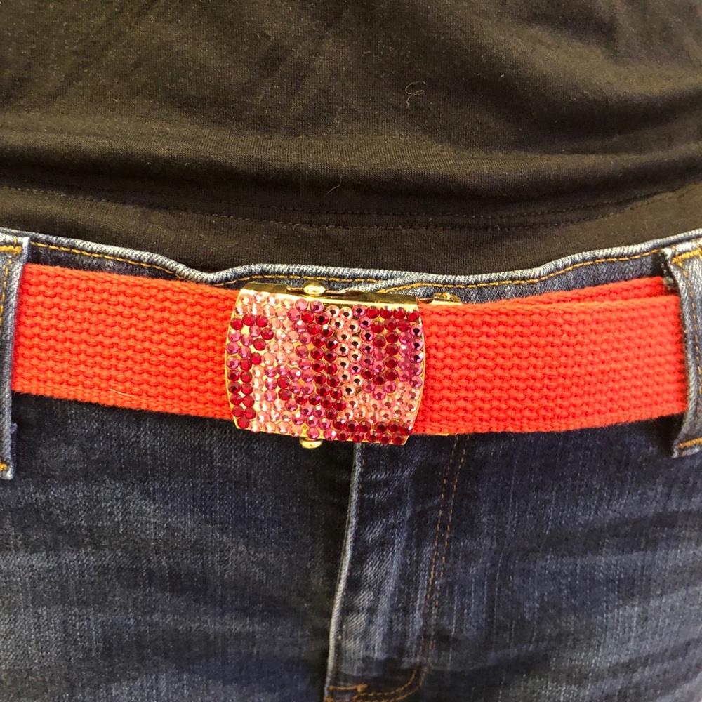 Multi color rhinestone buckle on red belt - Picture 2 of 3